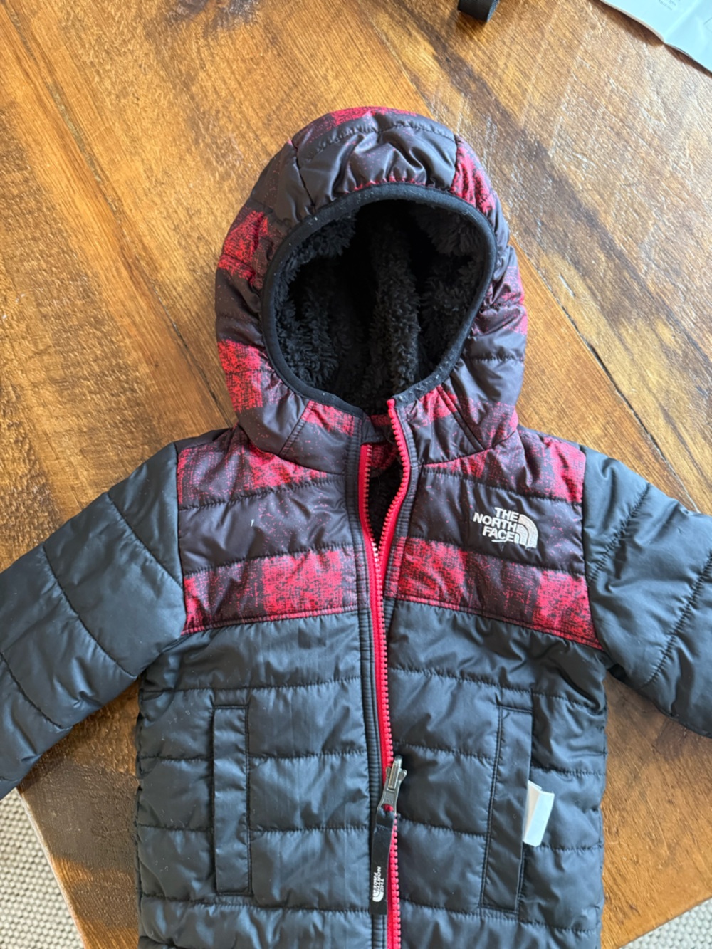 The North Face Red and Black Kids Hooded Puffer Jacket